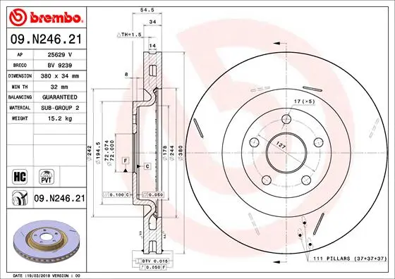 Вентильований гальмівний диск Brembo 09N24621 (фото 1)