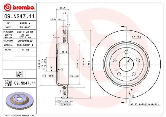 Вентильований гальмівний диск Brembo 09N24711 (фото 1)
