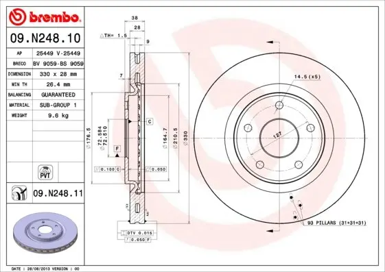 Вентилируемый тормозной диск brembo 09.N248.11