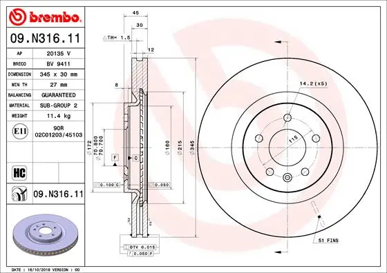 Вентильований гальмівний диск Brembo 09N31611 (фото 1)