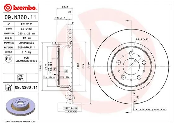 Вентилируемый тормозной диск brembo 09N36011