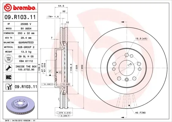 Вентильований гальмівний диск Brembo 09.R103.11 (фото 1)