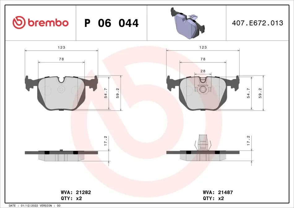 Задние тормозные колодки brembo P06 044