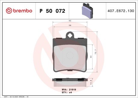 Задние тормозные колодки brembo P50072 на Мерседес Clk