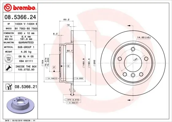 Задний тормозной диск brembo 08536621