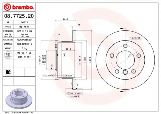 Задній гальмівний (тормозний) диск Brembo 08.7725.20 (фото 1)