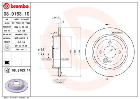 Задний тормозной диск brembo 08.9163.10 на MINI MINI