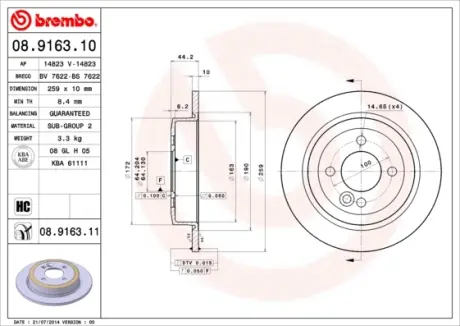 Задній гальмівний (тормозний) диск Brembo 08.9163.10