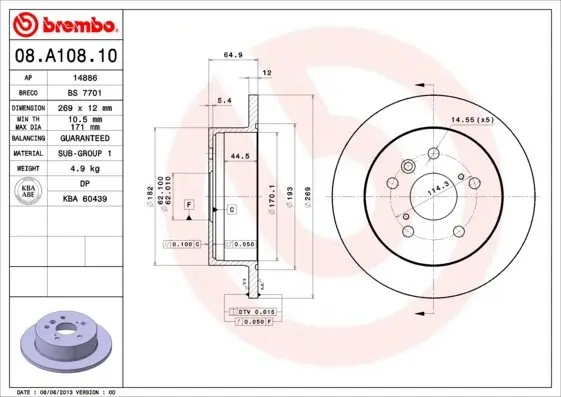 Задній гальмівний (тормозний) диск Brembo 08A10810 (фото 1)