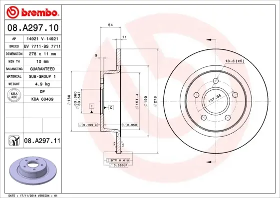 Задний тормозной диск brembo 08A29711