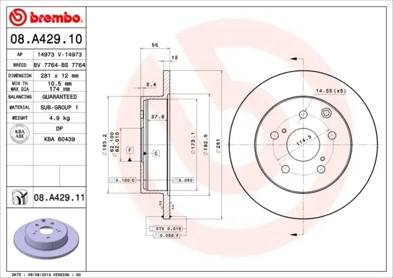 Задний тормозной диск brembo 08A42911
