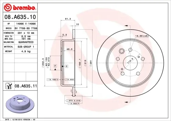Задний тормозной диск brembo 08A63511