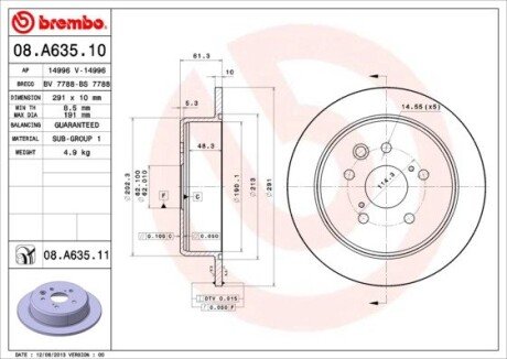 Задній гальмівний (тормозний) диск brembo 08.A635.11 на Лексус Is 250