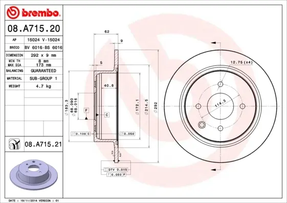 Задний тормозной диск brembo 08A71520