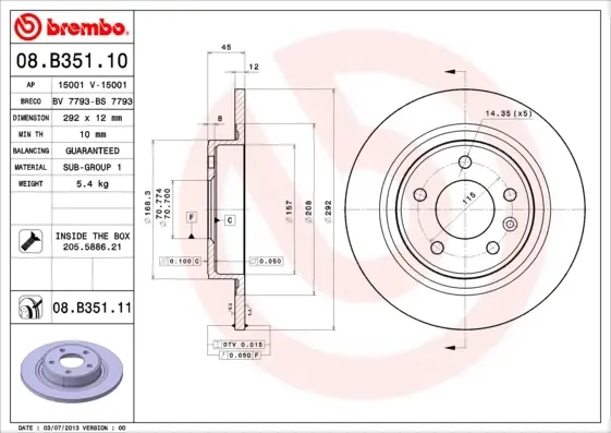 Задний тормозной диск brembo 08B35111