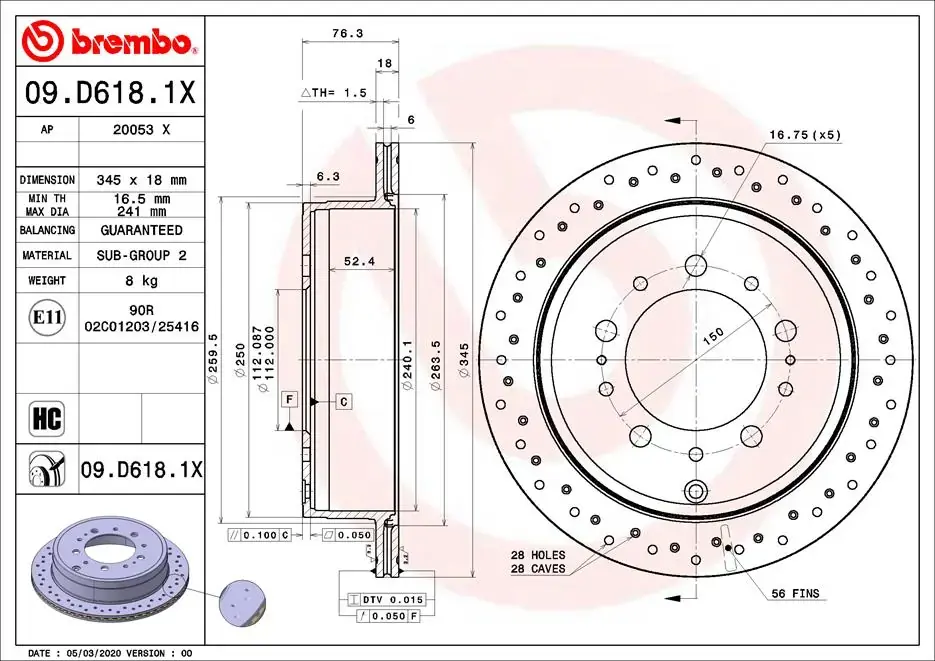 Задній гальмівний (тормозний) диск Brembo 09.D618.1X (фото 1)