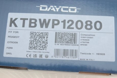 CITROEN К-т ГРМ + помпа DS DS 7 CITROEN BERLINGO, BERLINGO/MINIVAN, C-ELYSEE, C3 AIRCROSS II, C3 III, C4 CACTUS, C4 SPACETOURER, C5 AIRCROSS 1.5D 06.17- dayco KTBWP12080