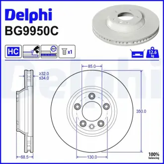 DELPHI AUDI диск гальм. передн прав. Q7 06-, VW Touareg 5.0 TDI delphi BG9950C Porsche Cayenne