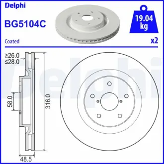 Вентильований гальмівний диск delphi BG5104C