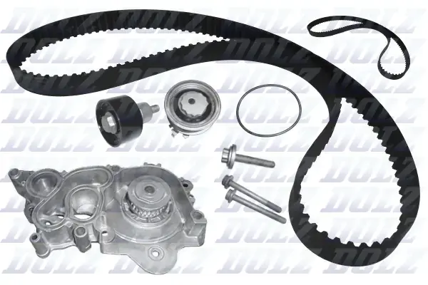 VW К-кт ГРМ (помпа+2 ролика+2 ремня+ крепление) Audi A1/3/4/5,Caddy IV,Golf VI,VII,Passat,Tiguan,Touram 1.2/1.4TFSI DOLZ KD150
