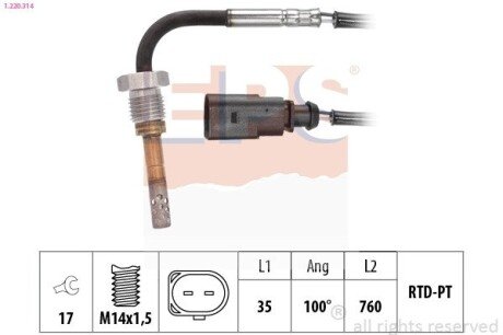 Датчик температури випускних газів Audi A4 (B9) 3.0TDI 18-/A6 (C8) 18-/Q5/Q7/Q8 18-/VW Touareg 3.0TDI 17- eps 1.220.314 на Ауди A4 B9