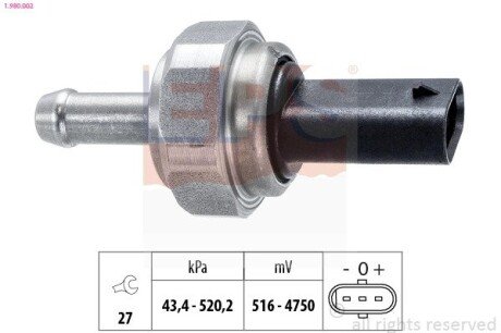 Датчик тиску відпрацьованих газів BMW 1 (F20/F21) 1.4d-2.5d/3 (E90/F30/F80) 1.6d-2.5d/5 (F10/F11)/X5 (F15/F85) 2.5d-3.0d eps 1.980.002 на Бмв 6 серии