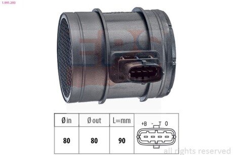 Розходомір повітря Alfa Romeo 159/ Fiat Croma, Ducato/ Lancia Thesis 2.3D, 2.4JTDM 09.05- eps 1991293