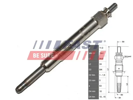 Свічка розжарювання Fiat Bravo/Marea 1.9/2.4JTD 97- Fast FT82730 (фото 1)