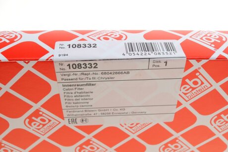 FEBI CHRYSLER Фильтр салона Grand Voyager 08- febі Bilstein 108332