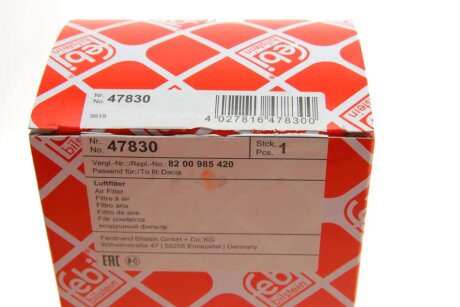 FEBI RENAULT Фильтр возд.Logan,Sandero, Duster 1.5dCi febі Bilstein 47830