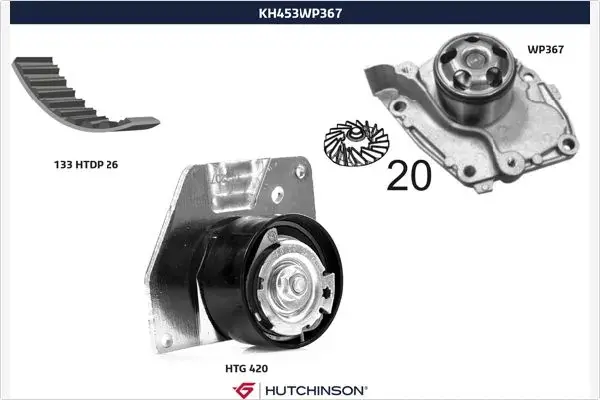 Помпа води + комплект ремня ГРМ hutchinson KH453WP367