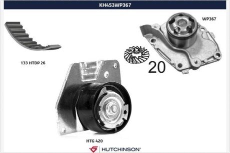 Помпа води + комплект ремня ГРМ hutchinson KH453WP367 на Рено Гранд сценик 3