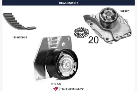 Помпа води + комплект ремня ГРМ hutchinson KH453WP367
