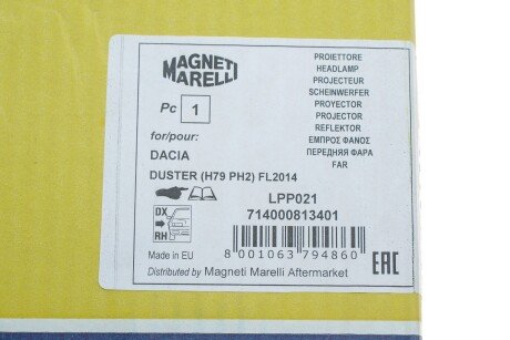 RENAULT Фара пер. правая Duster 13- magneti Marelli 714000813401