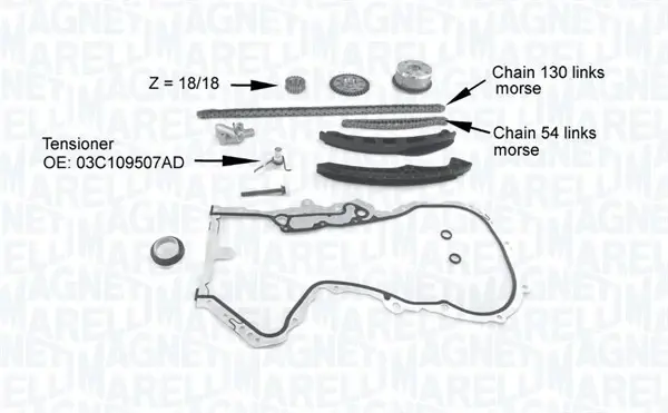 MAGNETI MARELLI VW К-т ланцюга приводу р/вала (ланцюг 2шт 130/54зв.) Audi,Skoda Fabia,Octavia,Seat,Golf V,Passat,Touran 1.4TSI Magneti Marelli 341500001210 (фото 1)