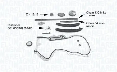 MAGNETI MARELLI VW К-т ланцюга приводу р/вала (ланцюг 2шт 130/54зв.) Audi,Skoda Fabia,Octavia,Seat,Golf V,Passat,Touran 1.4TSI magneti marelli 341500001210