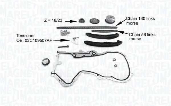 MAGNETI MARELLI VW К-т ланцюга приводу р/вала (ланцюг 2шт 130/56зв.) Audi,Skoda Fabia,Octavia,Seat,Golf V,Passat,Touran 1.4TSI Magneti Marelli 341500001200 (фото 1)