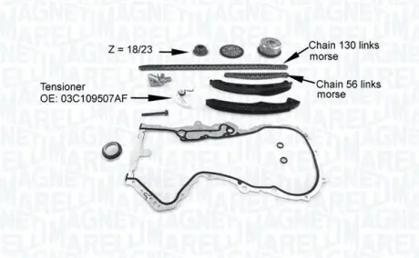MAGNETI MARELLI VW К-т ланцюга приводу р/вала (ланцюг 2шт 130/56зв.) Audi,Skoda Fabia,Octavia,Seat,Golf V,Passat,Touran 1.4TSI magneti marelli 341500001200