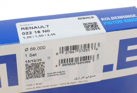 Поршневые кольца mahle knecht 02216N0