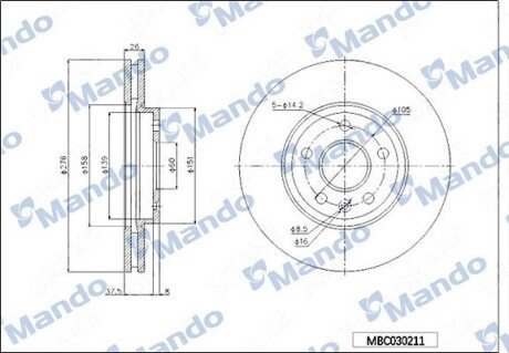 OPEL диск гальмівний передн.Chevrolet Cruze 1.6 09-, Astra J mando MBC030211 на Chevrolet Aveo т200