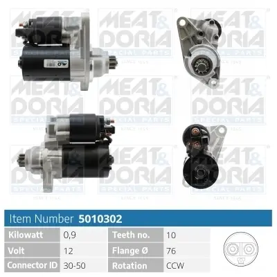 MEATDORIA AUDI Стартер A2 (8Z0) 1.4 00-05, SEAT CORDOBA (6L2) 1.4 16V 02-07, SKODA FABIA I (6Y2) 1.4 16V 99-08, VW GOLF IV (1J1) 1.6 FSI 02-05 meat & doria 5010302