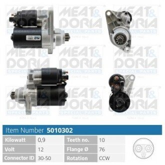 MEATDORIA AUDI Стартер A2 (8Z0) 1.4 00-05, SEAT CORDOBA (6L2) 1.4 16V 02-07, SKODA FABIA I (6Y2) 1.4 16V 99-08, VW GOLF IV (1J1) 1.6 FSI 02-05 meat & Doria 5010302