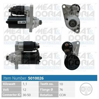MEATDORIA AUDI Стартер A2 (8Z0) 1.4 00-05, SEAT IBIZA III (6L1) 1.2, SKODA FABIA I Combi (6Y5) 1.4 16V 00-07, VW GOLF IV (1J1) 1.6 FSI 02-05 meat & doria 5010026