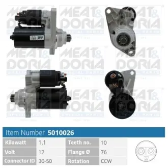 MEATDORIA AUDI Стартер A2 (8Z0) 1.4 00-05, SEAT IBIZA III (6L1) 1.2, SKODA FABIA I Combi (6Y5) 1.4 16V 00-07, VW GOLF IV (1J1) 1.6 FSI 02-05 meat & doria 5010026