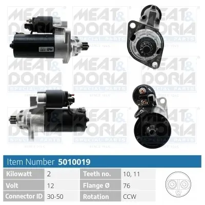 MEATDORIA AUDI Стартер A3 (8L1) 1.8 T 98-03, FORD GALAXY I (WGR) 1.9 TDI 05-06, SEAT TOLEDO II (1M2) 1.9 TDI 03-06, SKODA OCTAVIA I (1U2) 1.8 T 97-10 Meat & Doria 5010019 (фото 1)