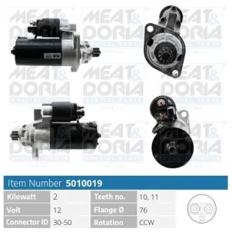 MEATDORIA AUDI Стартер A3 (8L1) 1.8 T 98-03, FORD GALAXY I (WGR) 1.9 TDI 05-06, SEAT TOLEDO II (1M2) 1.9 TDI 03-06, SKODA OCTAVIA I (1U2) 1.8 T 97-10 meat & doria 5010019