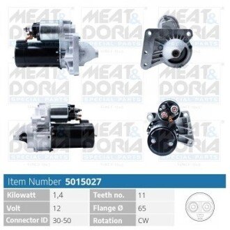 MEATDORIA CITROEN Стартер BERLINGO MULTISPACE (B9) 1.6 HDi 110 10-, C5 III 1.6 HDi 110 08-, FIAT SCUDO 1.6 D Multijet 07-16, PEUGEOT 107 1.4 HDi 05-14, TOYOTA AYGO 1.4 D-4D 05-10 meat & Doria 5015027 на Фиат Ритмо