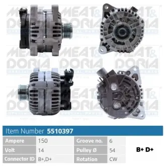 MEATDORIA FIAT Генератор DUCATO 2.0 JTD 01-06, CITROEN C5 I 2.0 HDi 01-04, PEUGEOT, ALFA ROMEO, LANCIA meat & doria 5510397
