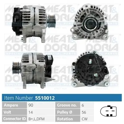 MEATDORIA VW Генератор 14V 90A Audi A3, Golf IV, Caddy III, Skoda Fabia I, Octavia I,II meat & doria 5510012