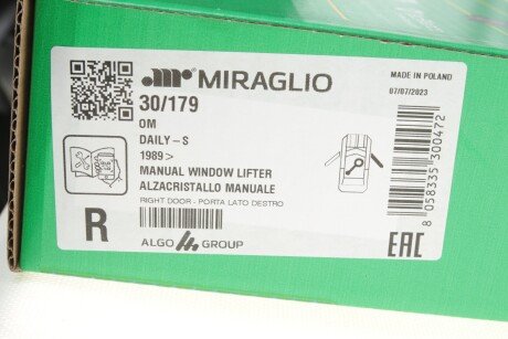 Стеклоподъемник механ правый Iveco Daily E1 90-96,Daily E2 96-99 miraglio 30179